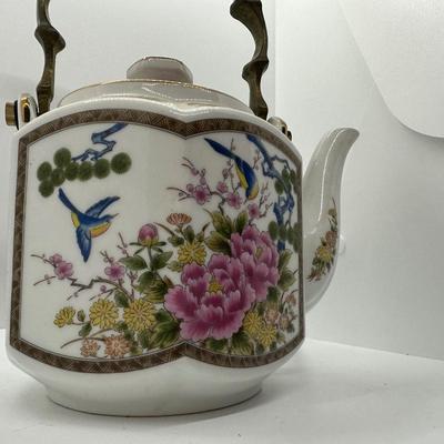 HOMCO Vintage Hand Painted Japanese Porcelain Teapot w/ Brass Handle