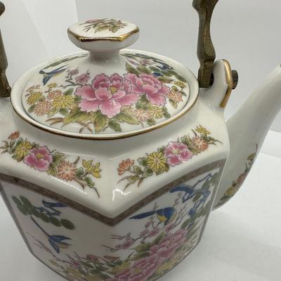 HOMCO Vintage Hand Painted Japanese Porcelain Teapot w/ Brass Handle