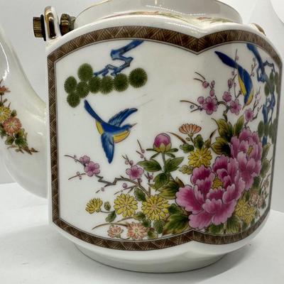 HOMCO Vintage Hand Painted Japanese Porcelain Teapot w/ Brass Handle