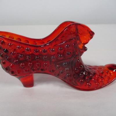 Vintage Fenton Art Glass Red Hobnail Cat Head Slipper Shoe