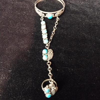 NAVAJO STERLING AND TURQUOISE SQUASH BLOSSOM SLAVE CUFF RING BRACELET