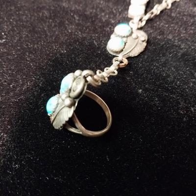 NAVAJO STERLING AND TURQUOISE SQUASH BLOSSOM SLAVE CUFF RING BRACELET