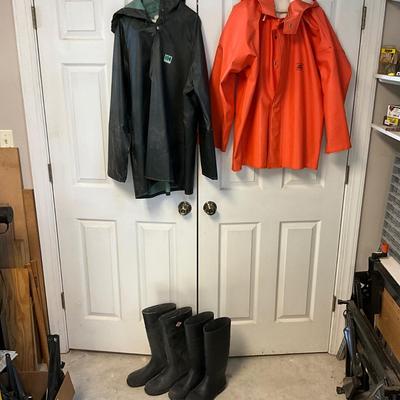 S1719 Two Rain Jackets Helly Hanson @ Grunden Go Fish with 2 pairs of Rainboots