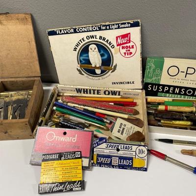 Vintage pens, stencils & office supplies