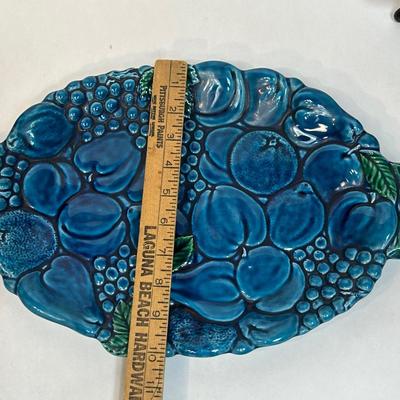 Vintage Turquoise Blue Majolica Fruit Pattern Serving Tray Inarco Pottery E3443