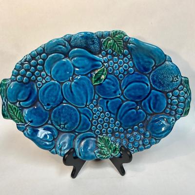 Vintage Turquoise Blue Majolica Fruit Pattern Serving Tray Inarco Pottery E3443