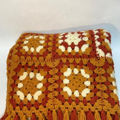 Vintage Orange and White Color Block Checkered Crochet Afghan Throw Lap Blanket