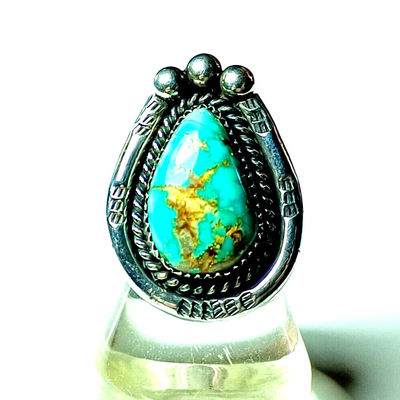 Vintage Native American Sterling Silver & Turquoise Teardrop Shaped Ring G Myers