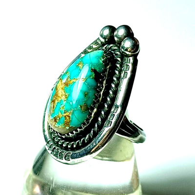 Vintage Native American Sterling Silver & Turquoise Teardrop Shaped Ring G Myers