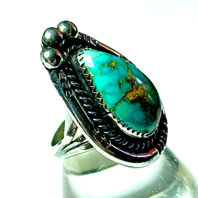 Vintage Native American Sterling Silver & Turquoise Teardrop Shaped Ring G Myers