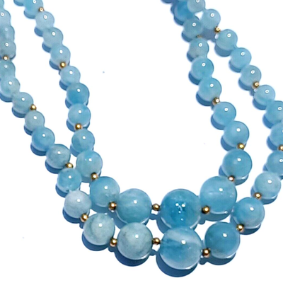 Antique Graduating Double Strand Aquamarine Crystal & 14K Gold Bead Necklace