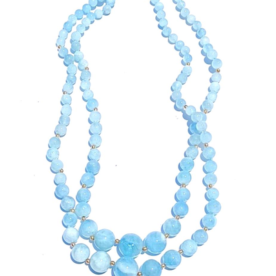 Antique Graduating Double Strand Aquamarine Crystal & 14K Gold Bead Necklace