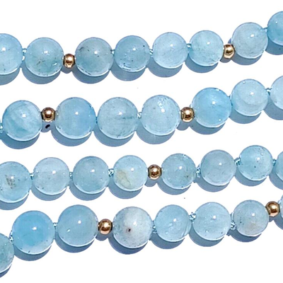 Antique Graduating Double Strand Aquamarine Crystal & 14K Gold Bead Necklace