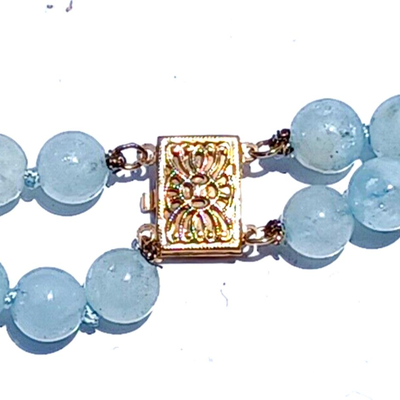 Antique Graduating Double Strand Aquamarine Crystal & 14K Gold Bead Necklace