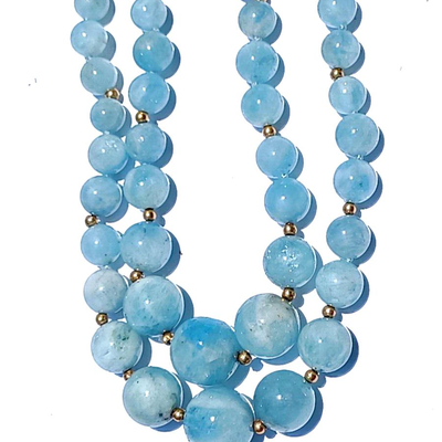 Antique Graduating Double Strand Aquamarine Crystal & 14K Gold Bead Necklace