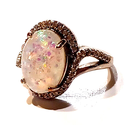 Gorgeous Crushed Opal & CZ Sterling Silver Halo Ring