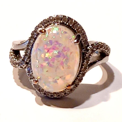 Gorgeous Crushed Opal & CZ Sterling Silver Halo Ring