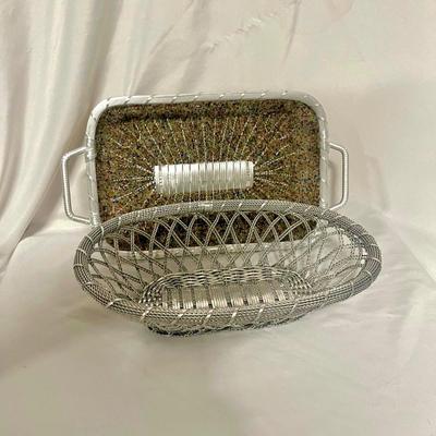 Twisted Metal Bread Basket & Beaded Multi Colored Decorative Basket (B2-MG)