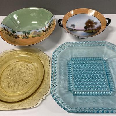 Blue and amber glass with souvenir bowls