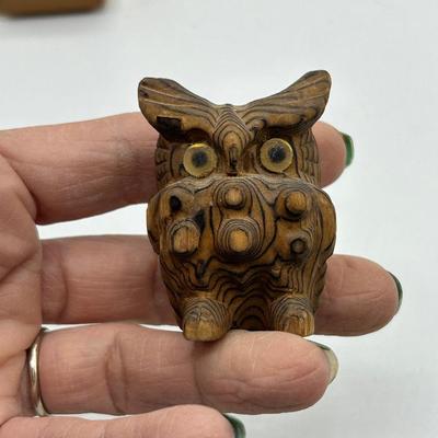 Owl Lovers trinket Lot Rubber Stamp Wooden Figurine and Small Fork