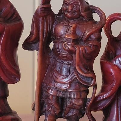 Vintage Carved Cinnabar Chinese 7 God's with Lacquered Stand