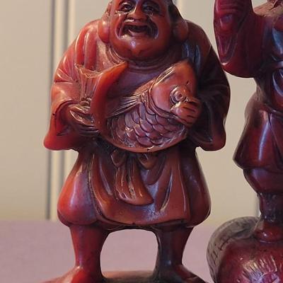 Vintage Carved Cinnabar Chinese 7 God's with Lacquered Stand