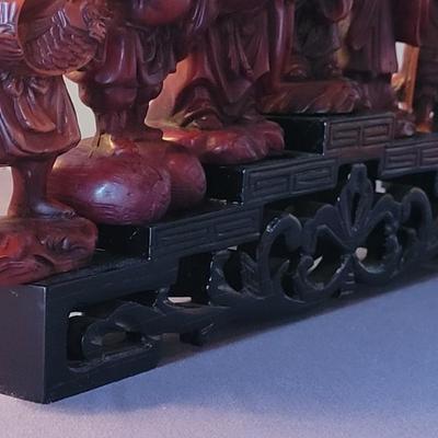 Vintage Carved Cinnabar Chinese 7 God's with Lacquered Stand