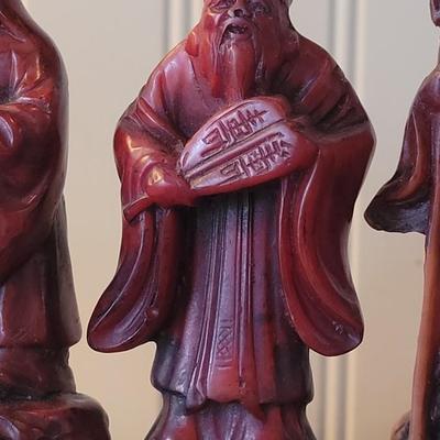 Vintage Carved Cinnabar Chinese 7 God's with Lacquered Stand