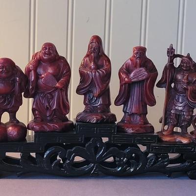 Vintage Carved Cinnabar Chinese 7 God's with Lacquered Stand