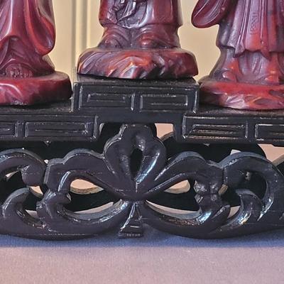Vintage Carved Cinnabar Chinese 7 God's with Lacquered Stand