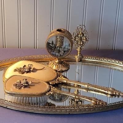 Vintage Ormolu-Style Vanity Set With Brush, Mirror, and Perfume Bottle