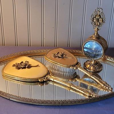 Vintage Ormolu-Style Vanity Set With Brush, Mirror, and Perfume Bottle