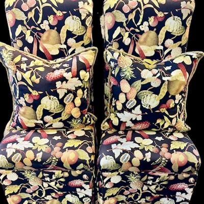Set of 2 Custom Upholstered Parson Chairs and Matching Pillows