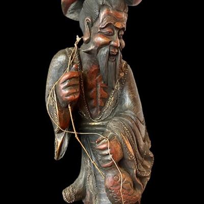 Intricately Hand Carved Wooden Asian Fisherman