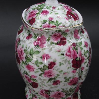Victoria's Garden Pink Red Rose Flower Ceramic Urn Mid Century Style Lidded Jar