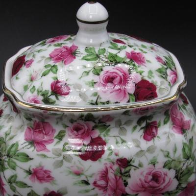 Victoria's Garden Pink Red Rose Flower Ceramic Urn Mid Century Style Lidded Jar