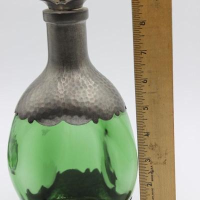 Vintage Royal Holland Daalderop Pewter Overlay Green Glass Decanter Bottle with Stopper