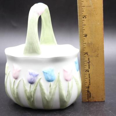 Vintage Takahashi Accents Japanese Ceramic Basket Flower Tulip Figurine Piece