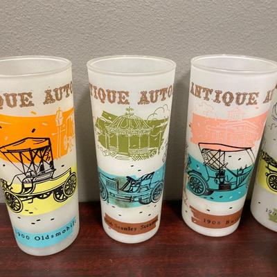 6 Antique Auto frosted drinking glasses