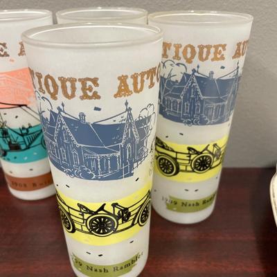 6 Antique Auto frosted drinking glasses