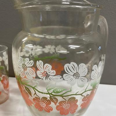 Federal glass pitcher and 16 flower glasses