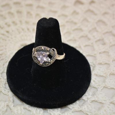 925 Sterling Deco Ring w/ Marcasite and Crystal Size 8
