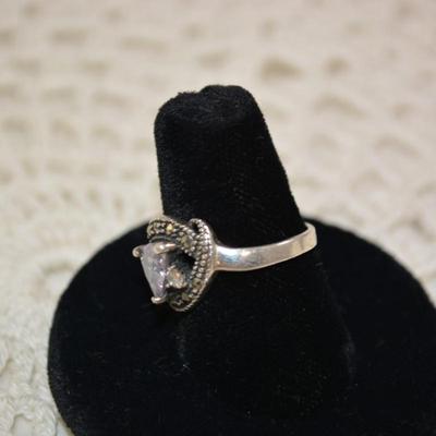 925 Sterling Deco Ring w/ Marcasite and Crystal Size 8