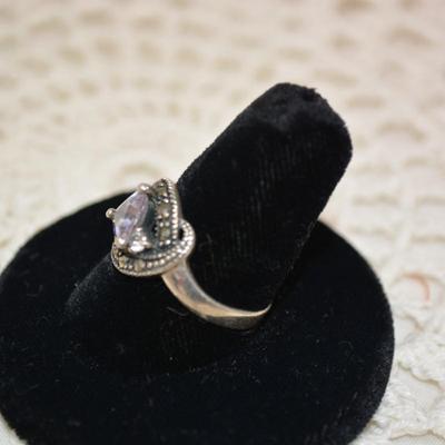 925 Sterling Deco Ring w/ Marcasite and Crystal Size 8