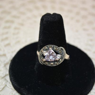 925 Sterling Deco Ring w/ Marcasite and Crystal Size 8