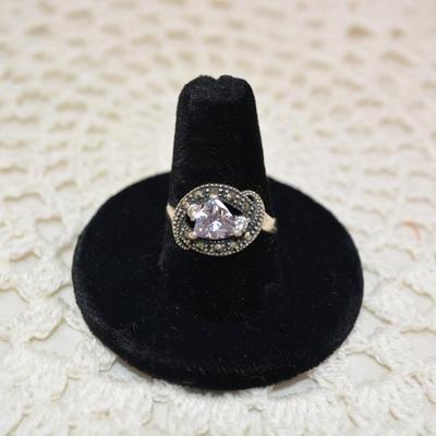 925 Sterling Deco Ring w/ Marcasite and Crystal Size 8