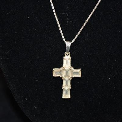 925 Sterling Cube Chain w/ Crystal & Silver Cross 18" 4.7g