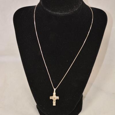 925 Sterling Cube Chain w/ Crystal & Silver Cross 18" 4.7g