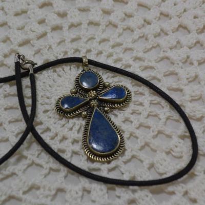 925 Sterling Lapis Cross on Lanyard 18" 13.7g