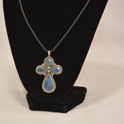 925 Sterling Lapis Cross on Lanyard 18" 13.7g